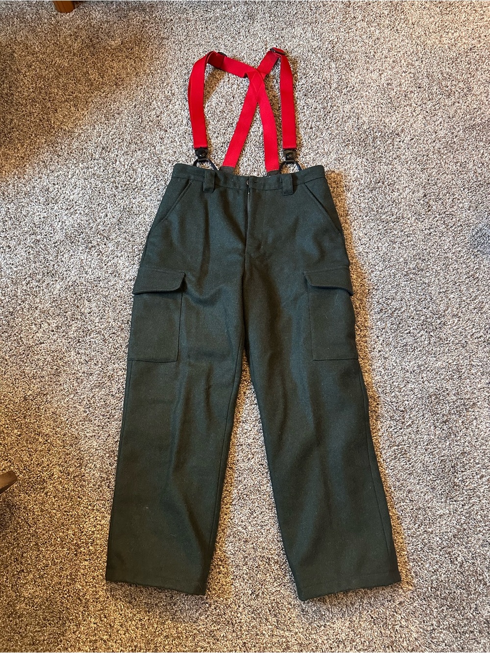 Cabela's Dry-Plus Vintage Dark Green Wool Cargo Pants with Red Suspenders